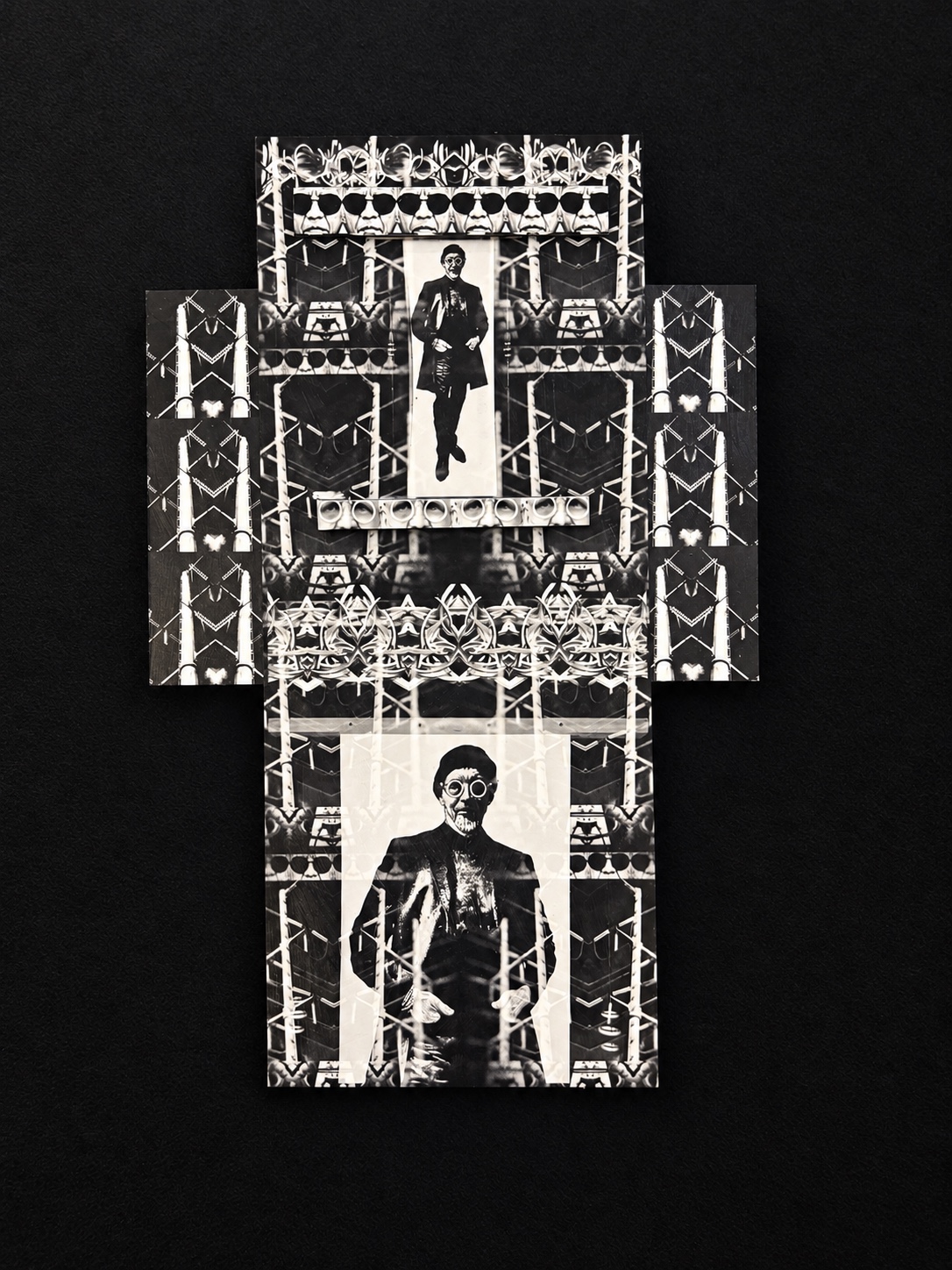Layered monochrome construction with repeated self-portraits and power-line imagery