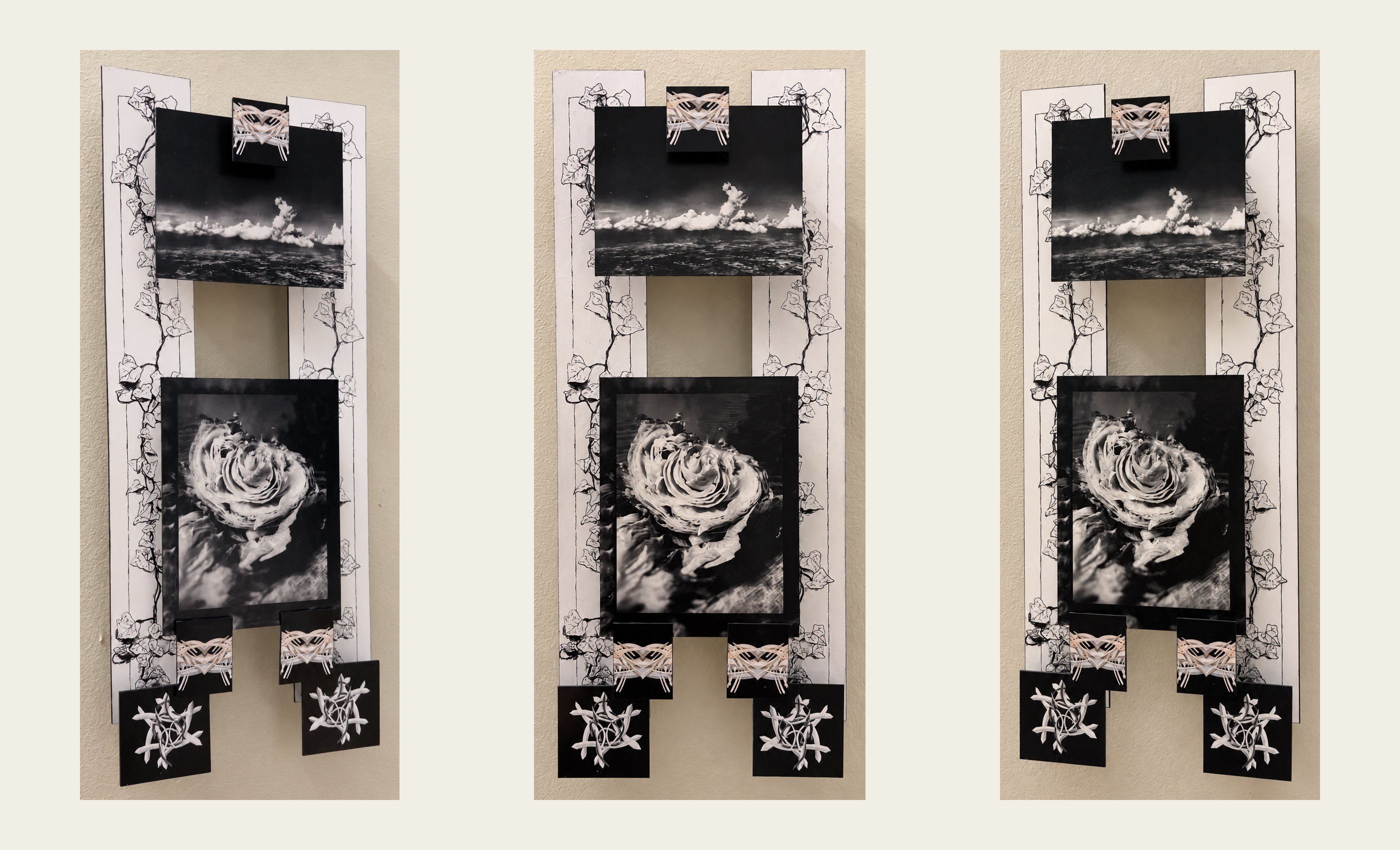 Three viewpoints of one layered construction combining ocean and rose imagery with botanical drawings; the front view is between two angled views