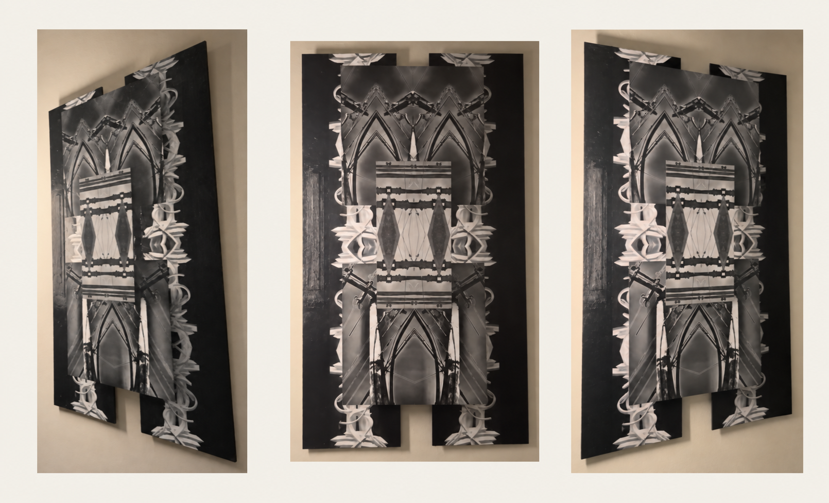 Three viewpoints of a second layered construction with repeated pointed forms and industrial imagery; the front view is between two angled views