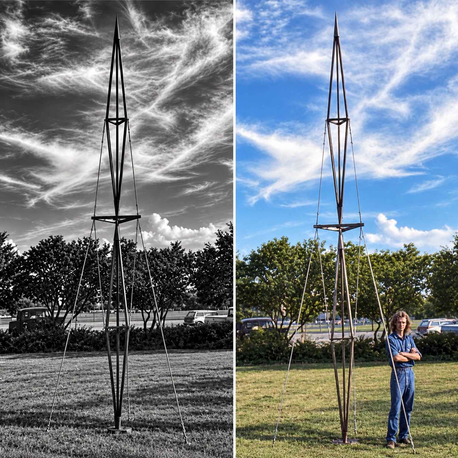 Two views of a tall early steel and wire sculpture outdoors, including David Olson standing beside it for scale