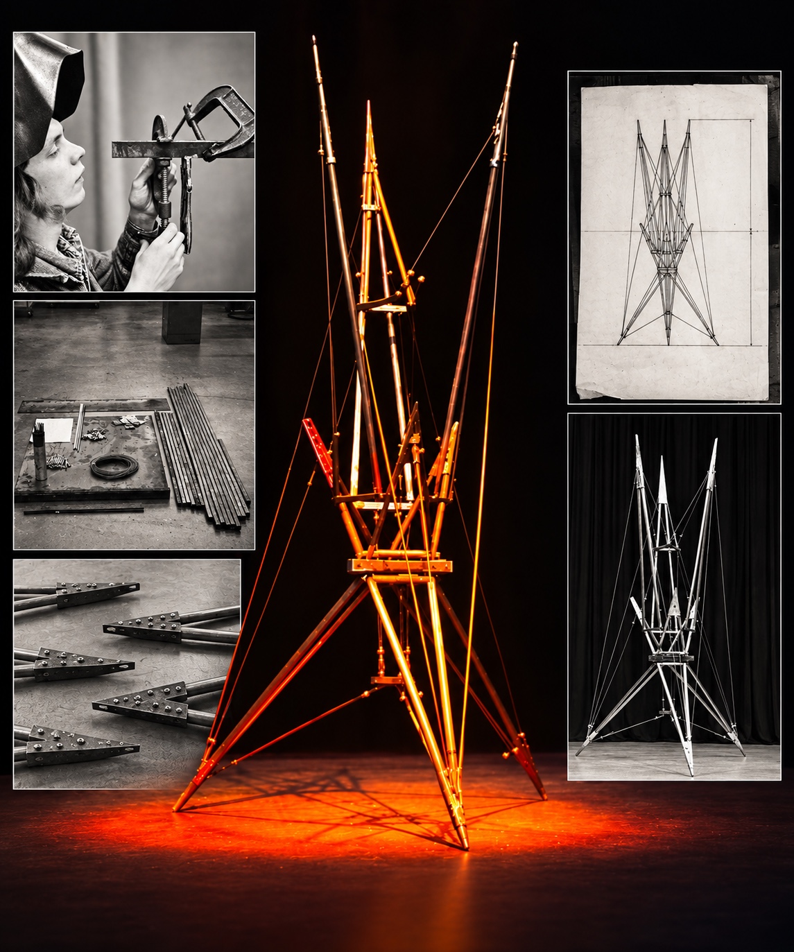 Studio process, drawing, fabrication details, and completed early wood and steel sculpture