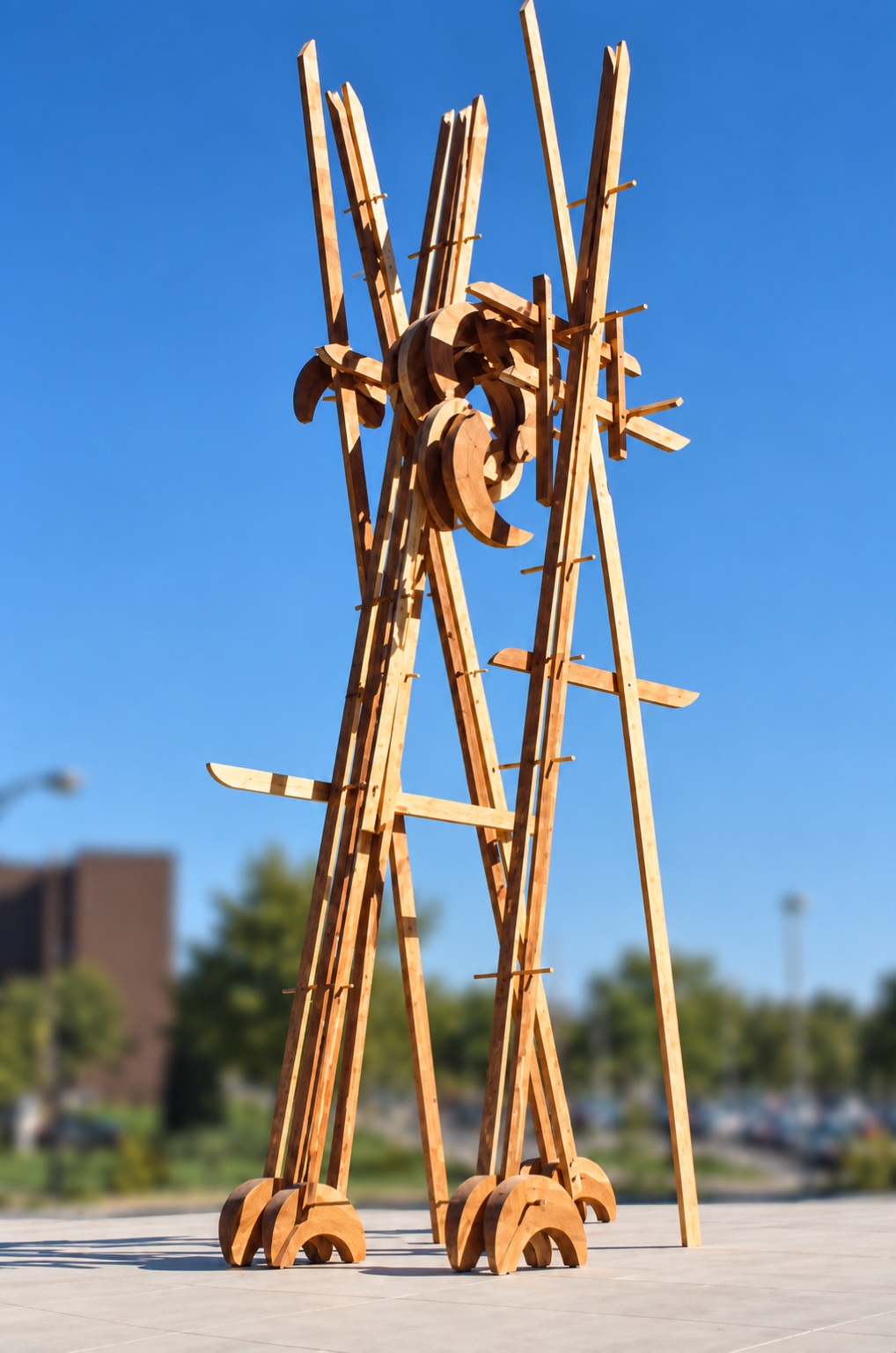 Tall wooden sculpture with slender pointed elements and curved forms outdoors against a softly blurred background