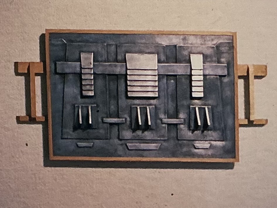 Rectilinear relief with repeated cast forms within a constructed wood frame