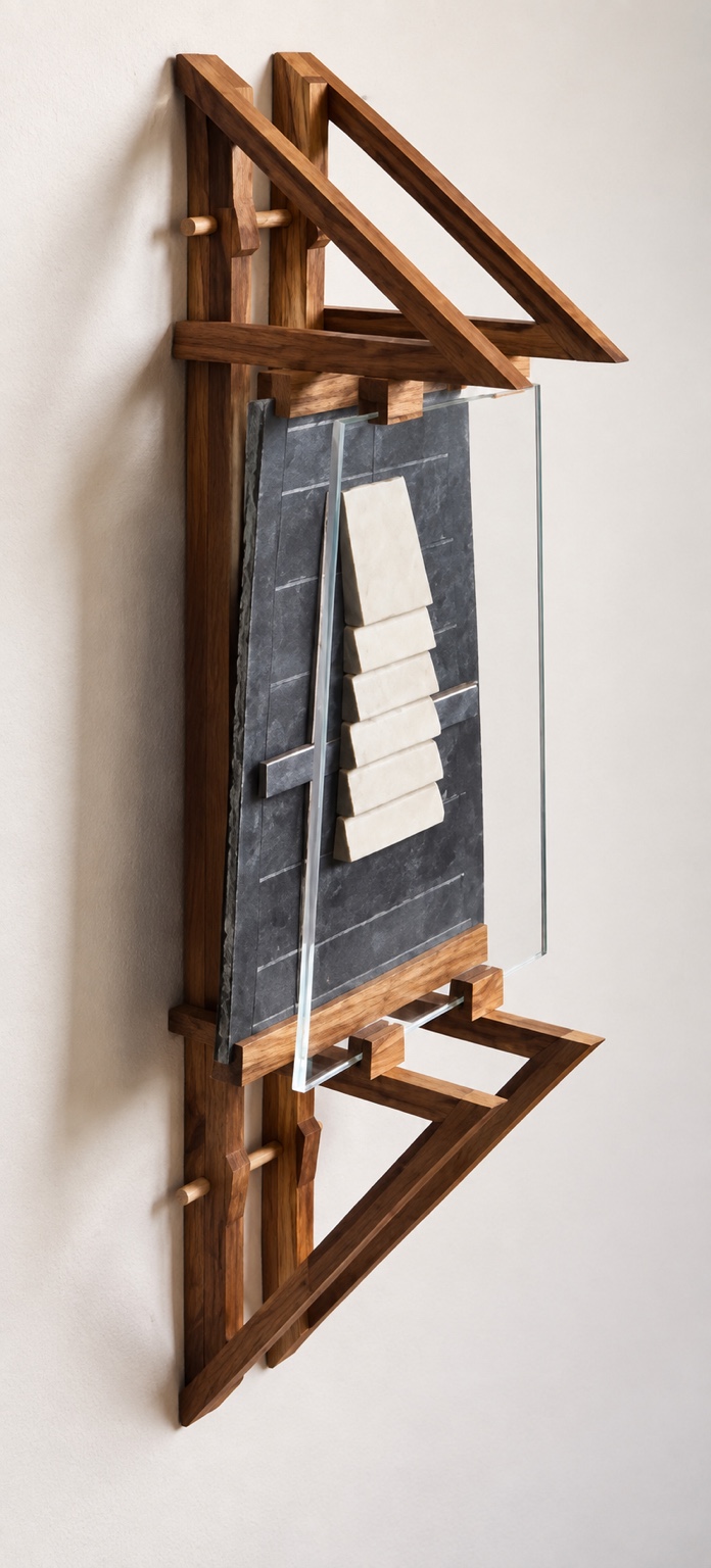 Vertical wood construction with triangular supports and layered rectangular forms